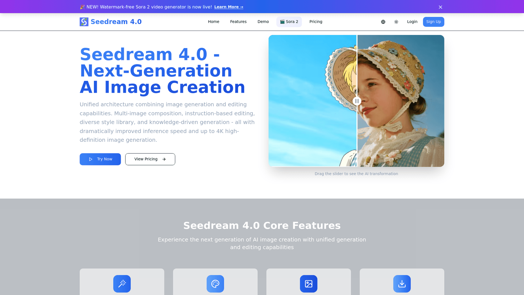 A screenshot of Seedream 4.0's landing page.