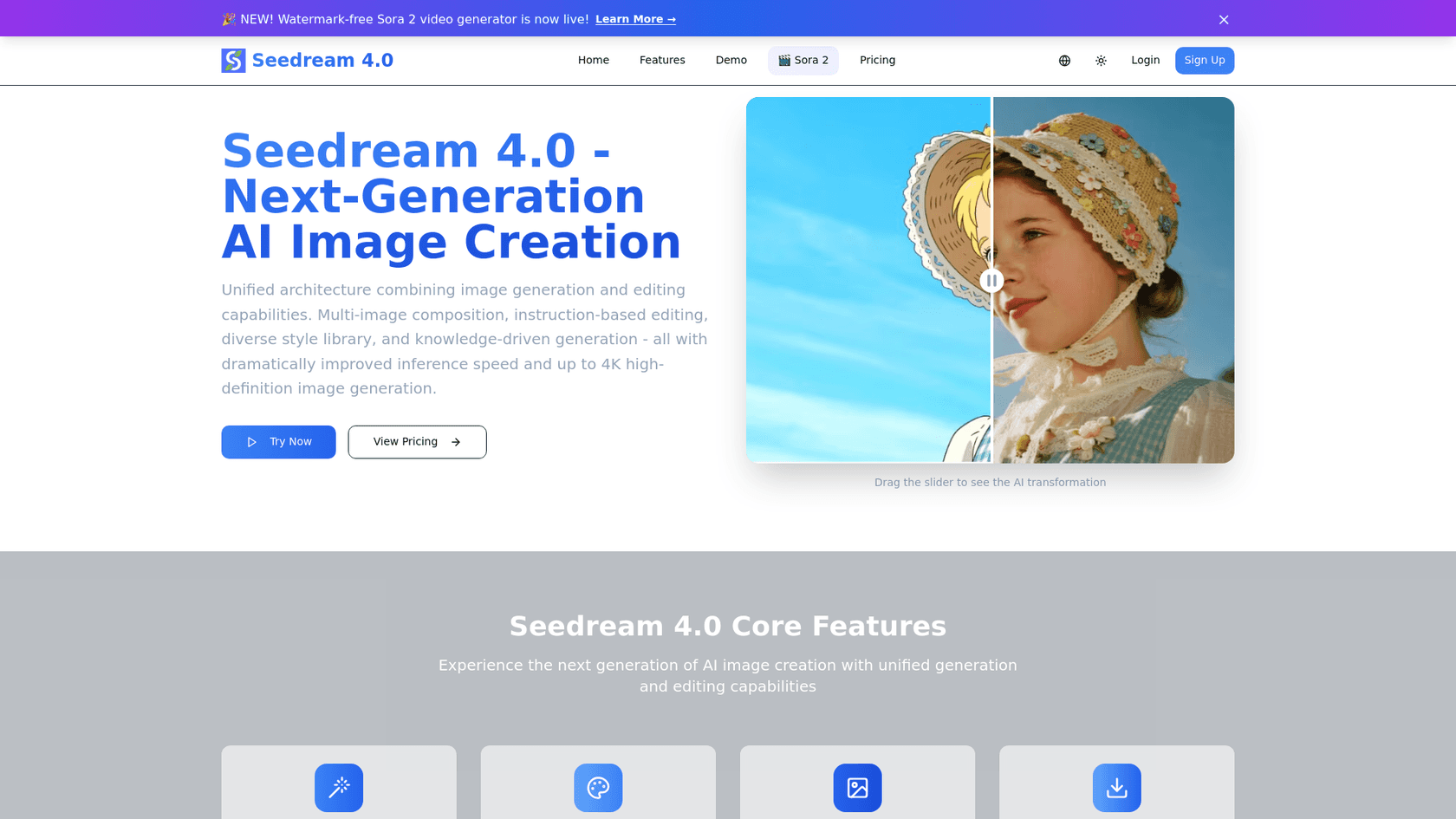 A screenshot of Seedream 4.0's landing page.