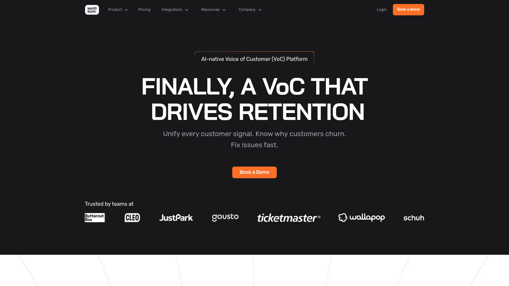 Página de inicio de la plataforma de análisis de tickets con IA de SentiSum