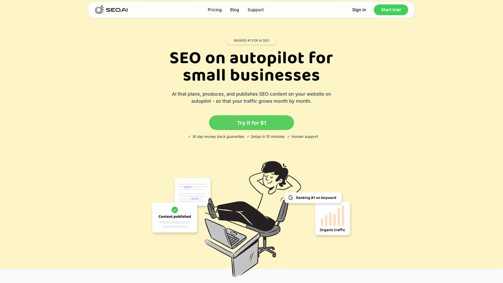 A screenshot of the landing page for SEO.AI, an SEO optimized AI content generator.