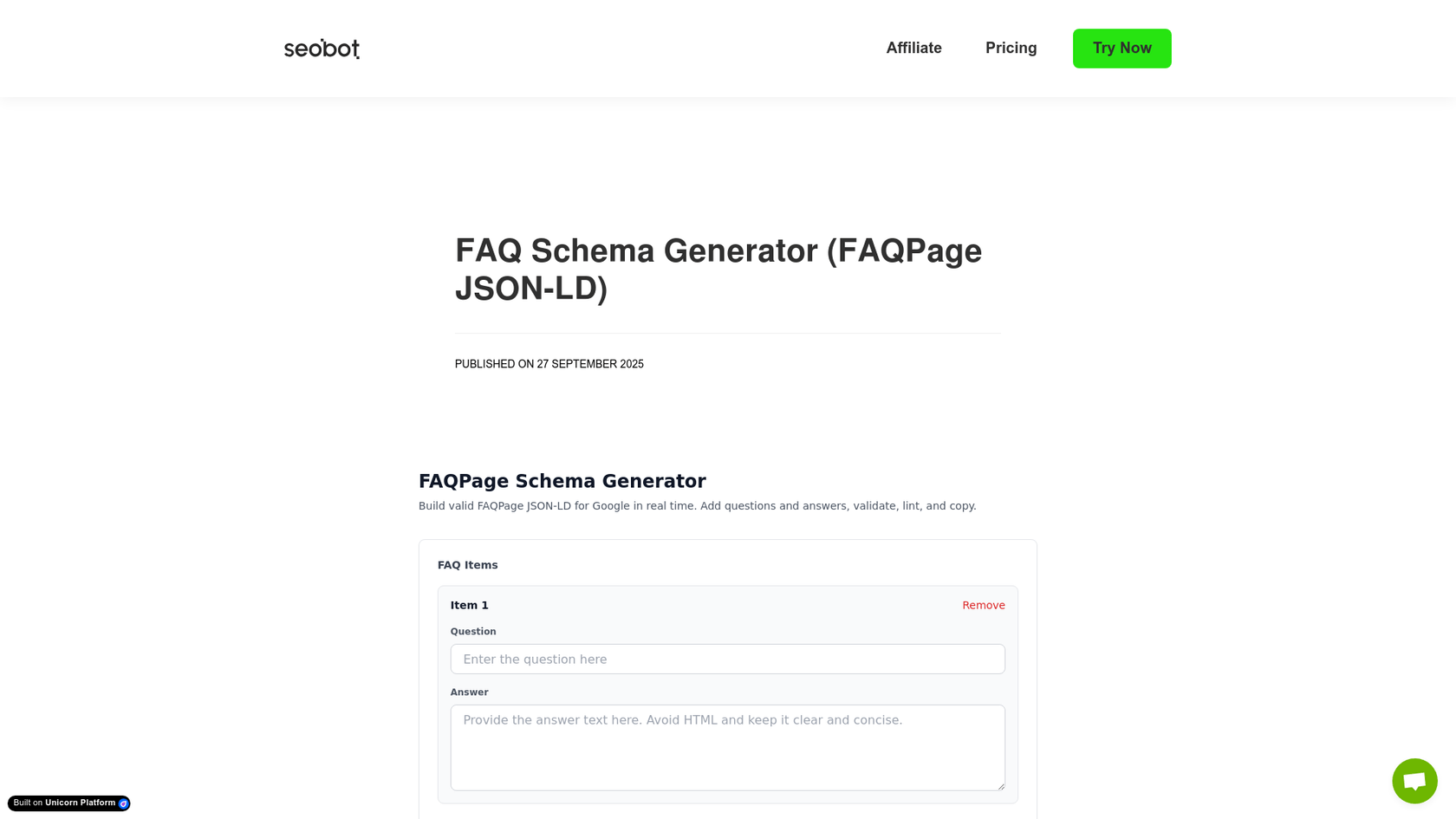 Ein Screenshot des kostenlosen FAQ-Schema-Generators von SEObot AI.