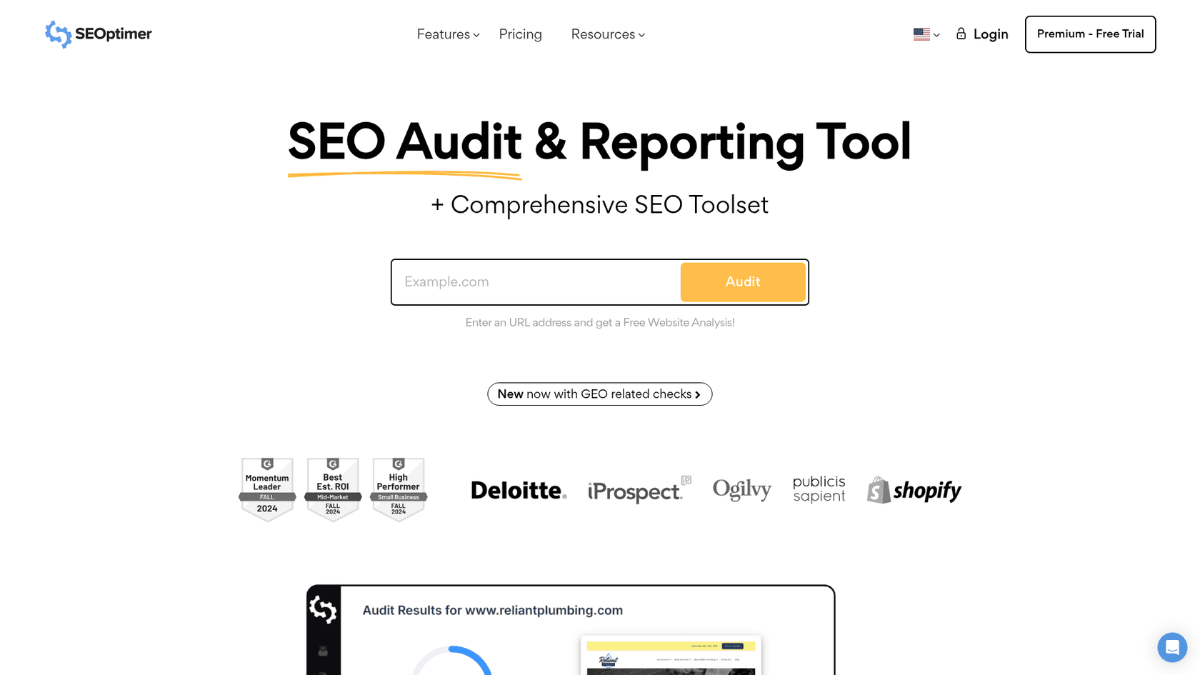 A screenshot of the SEOptimer homepage, an easy-to-use SEO content audit tool for small businesses.