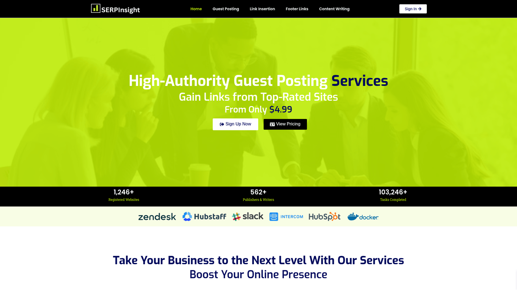 Une capture d'écran de la page d'accueil du service d'articles invités SERP Insight, montrant l'en-tête principal et la fonctionnalité de recherche.