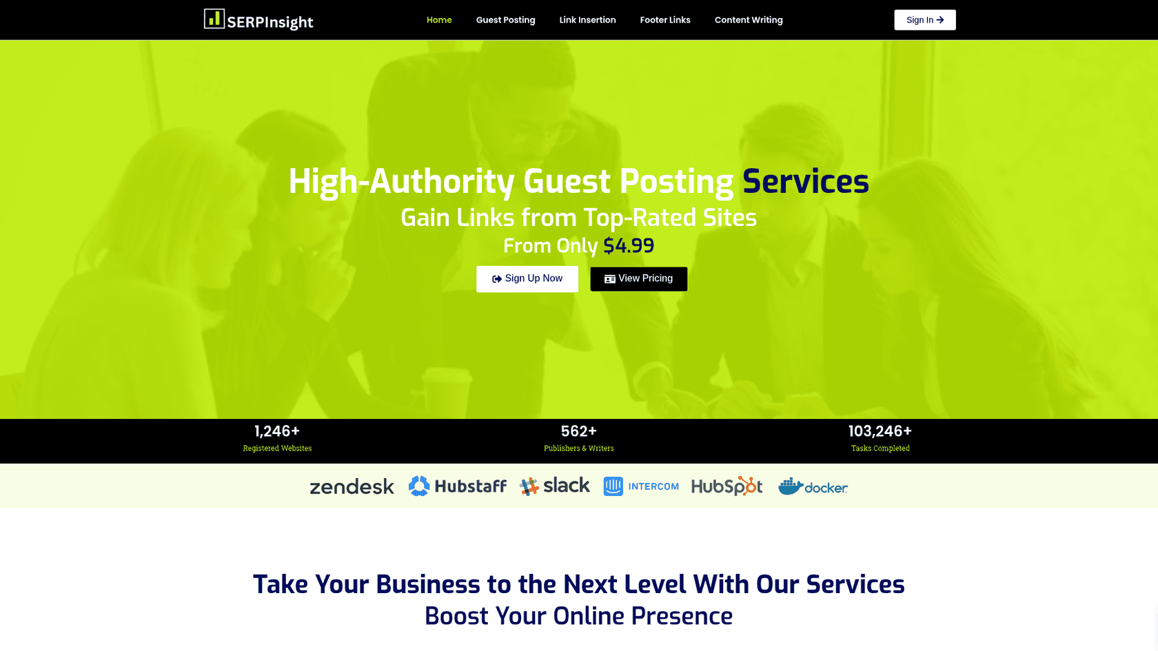 A screenshot of the SERP Insight guest post service homepage, showing the main header and search functionality.