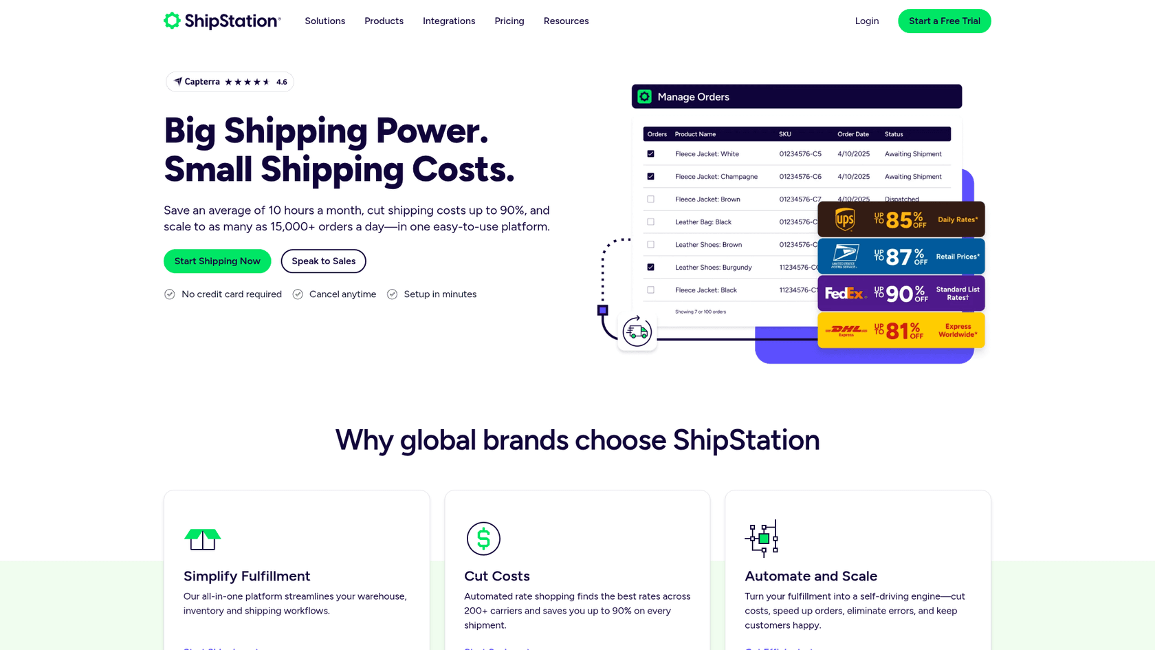 ShipStationのランディングページのスクリーンショット。