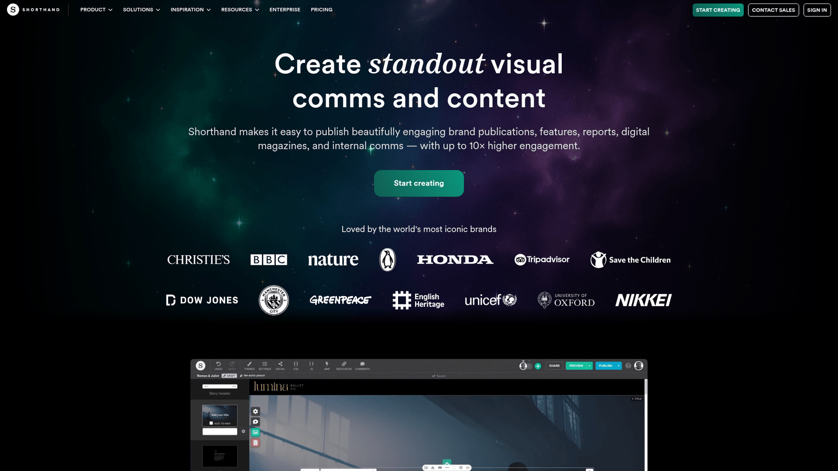 没入型のビジュアルコンテンツを作成するためのプラットフォーム、Shorthandのホームページのスクリーンショット。インパクトのあるリスティクル記事作成に役立ちます。
