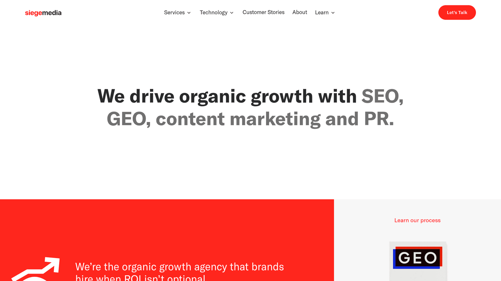 Ein Screenshot der Homepage von Siege Media, einem content-fokussierten KI-SEO-Unternehmen.