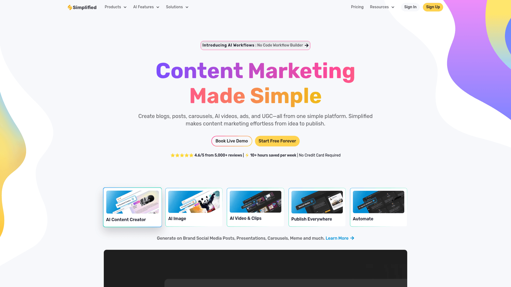 Die Landingpage von Simplified hebt seine All-in-One-Suite für moderne Marketing-Teams hervor.