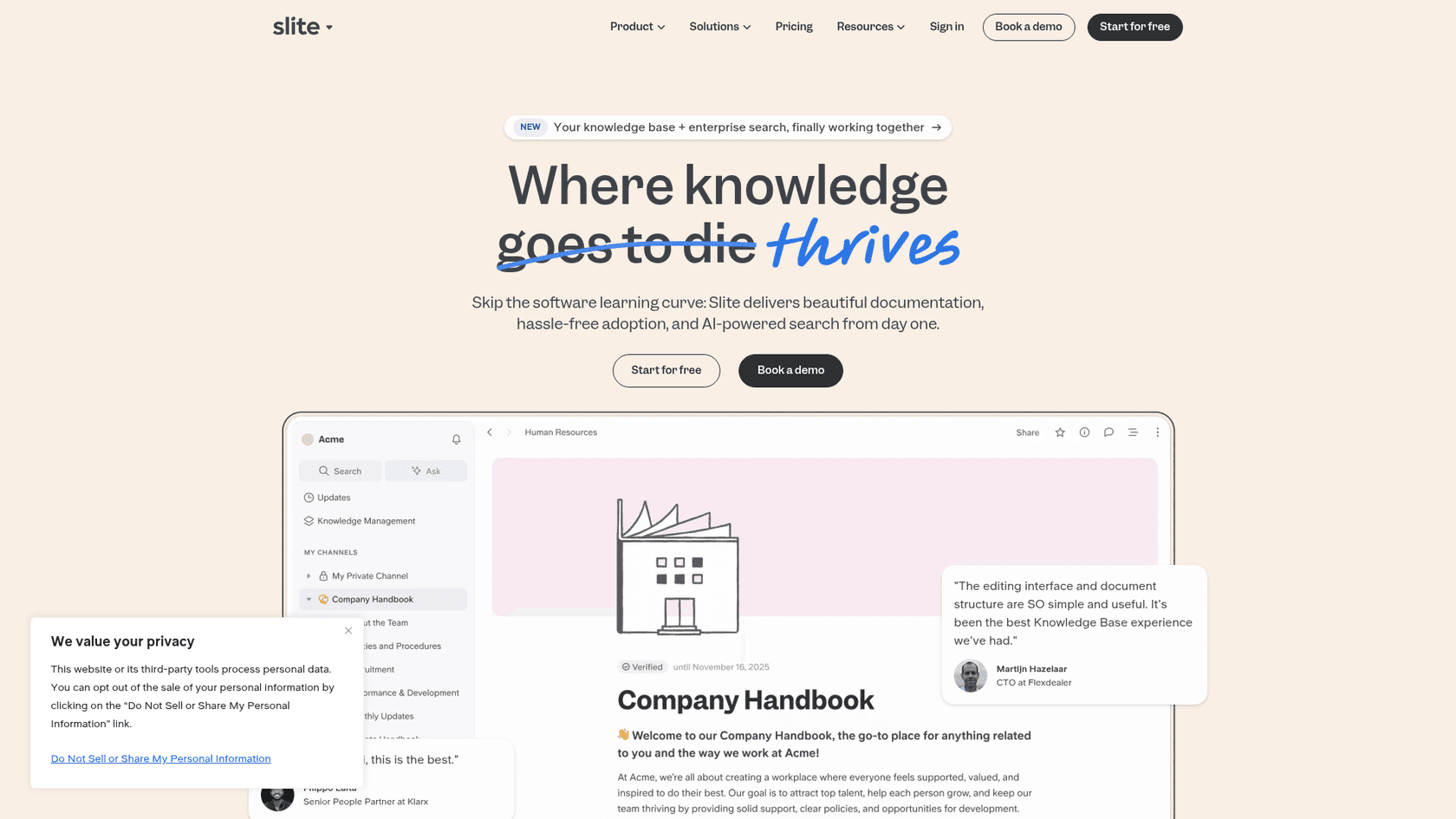 Slite landing page with AI search and knowledge management features