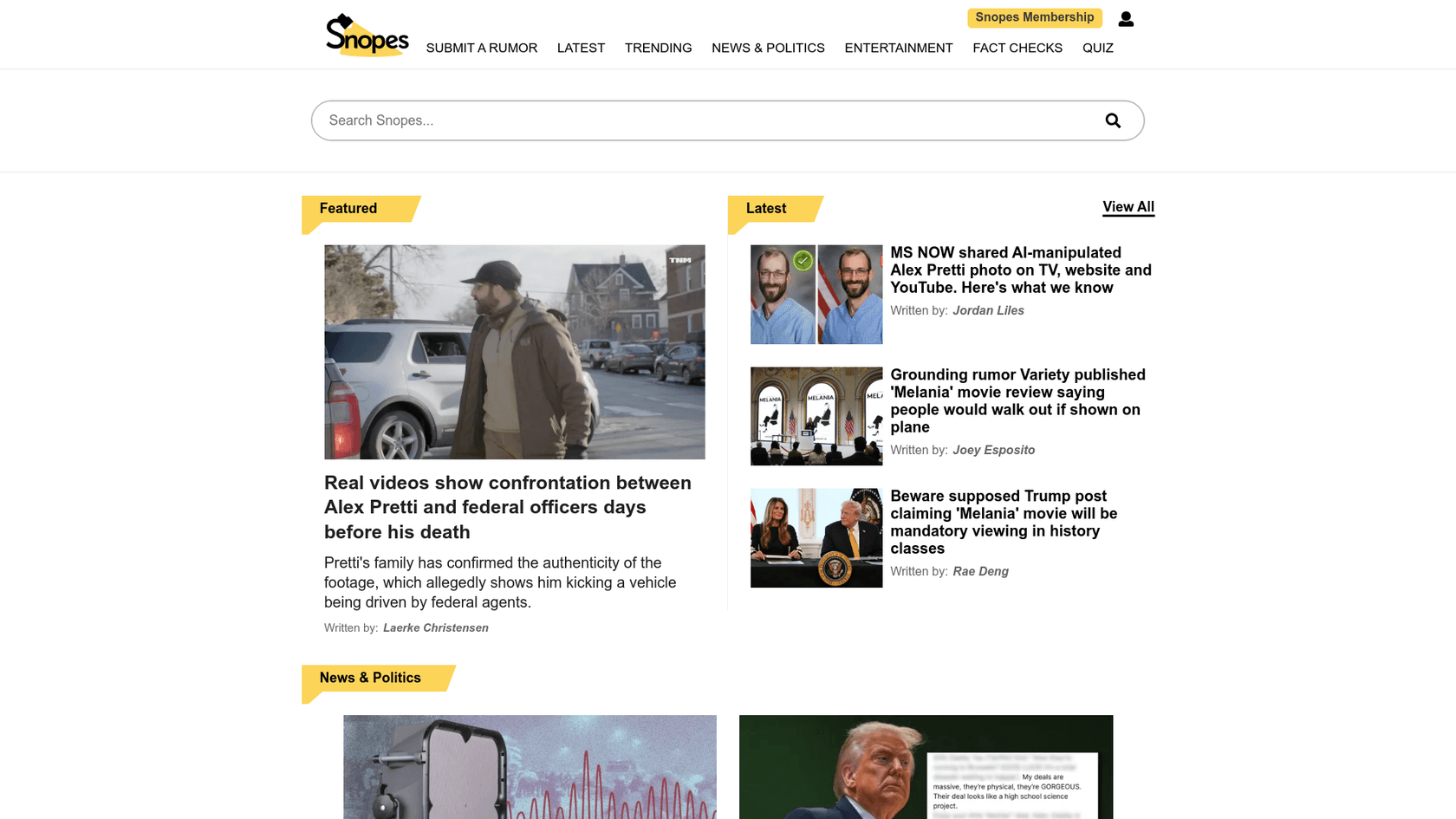 A screenshot of the Snopes homepage, a useful tool for how to fact check AI generated content.