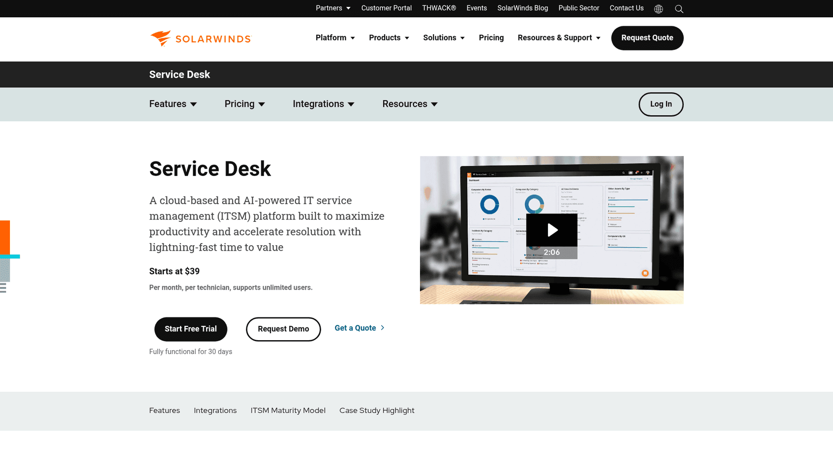 SolarWinds Service Desk landing page with IT asset management focus