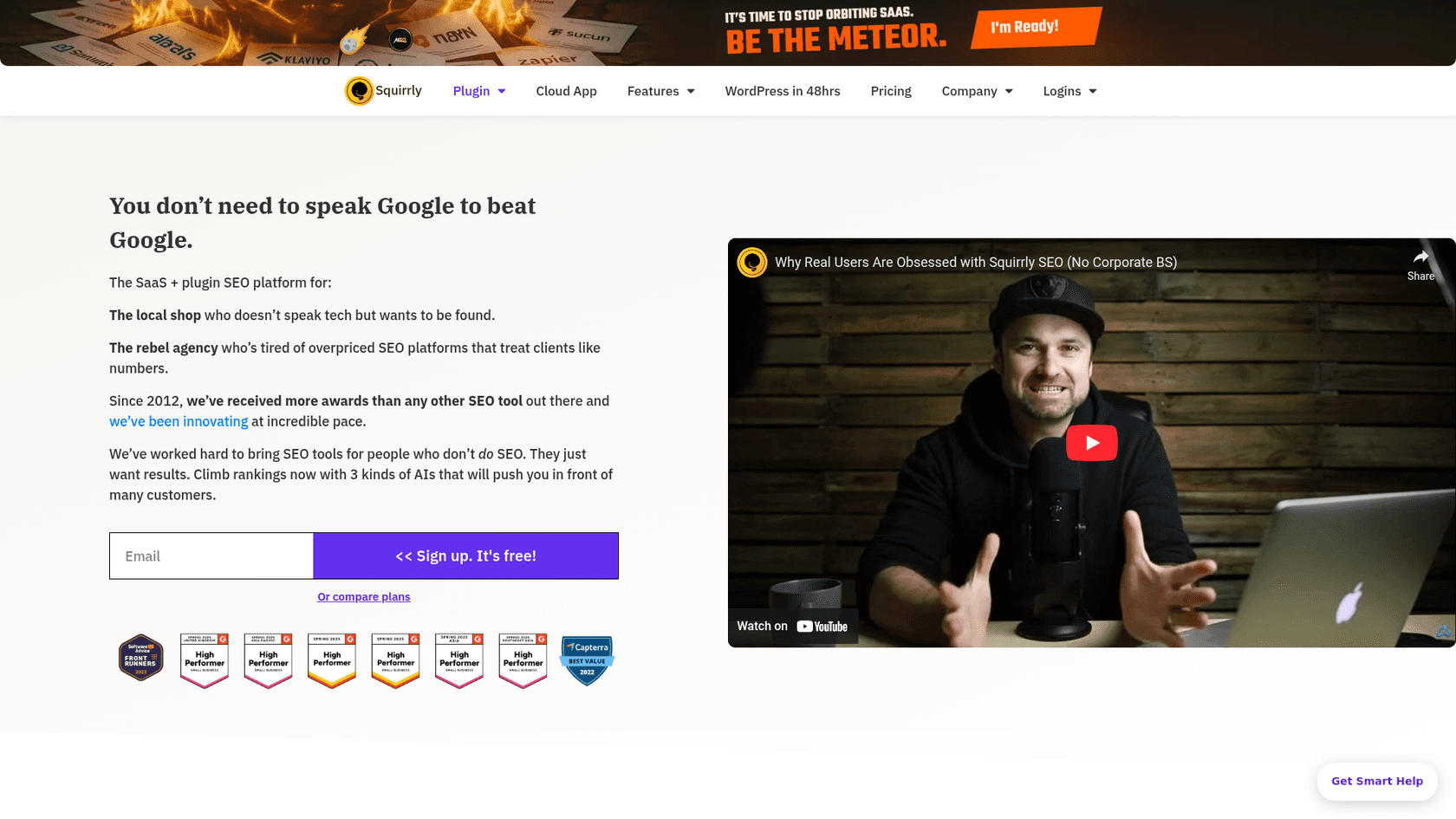 A screenshot of the Squirrly SEO homepage, a WordPress plugin that serves as one of the key Rank Math AI alternatives.