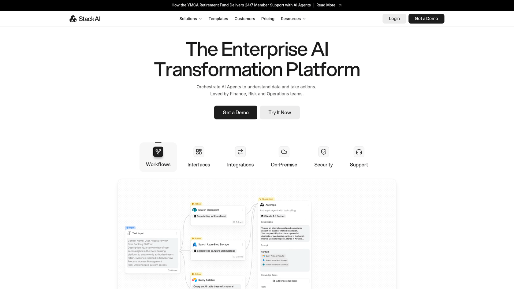 A screenshot of the Stack AI homepage, a no-code tool for users who want to build a custom solution for how to create AI comparison articles.