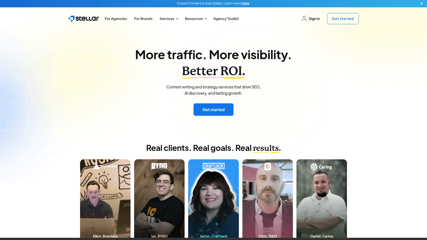 A screenshot of the Stellar Content homepage, a service that acts as a white label blog writer for agencies.