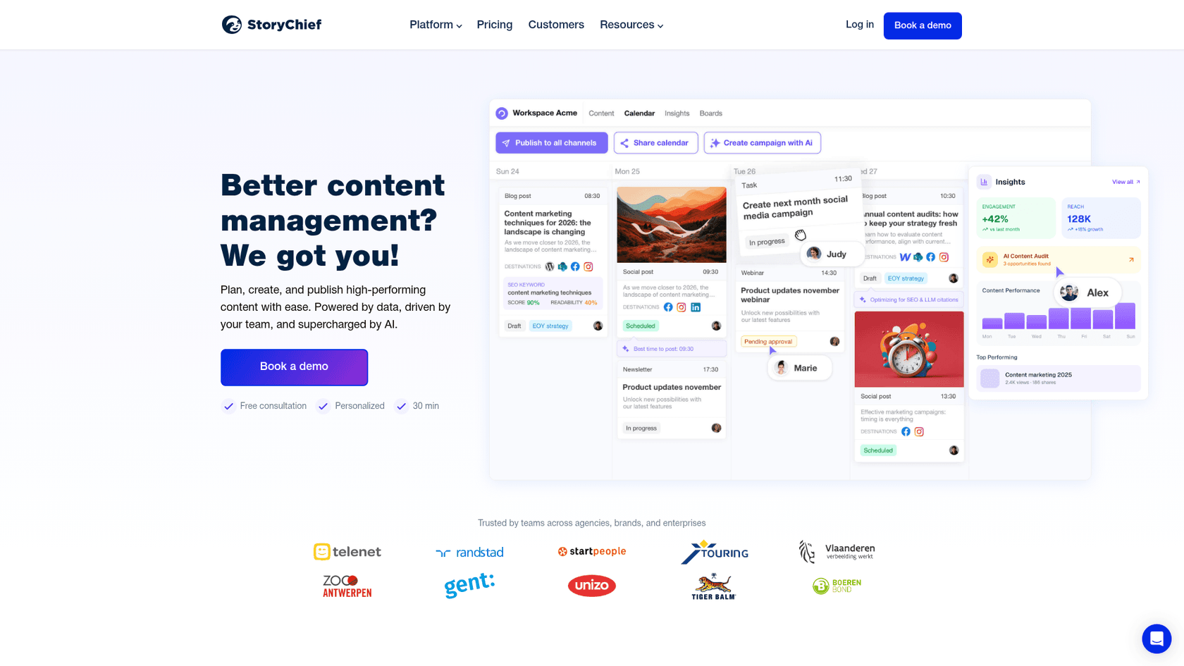 Une capture d'écran de la page de destination de StoryChief, montrant ses fonctionnalités en tant qu'IA de rédaction de blogs complète et système de gestion de contenu.