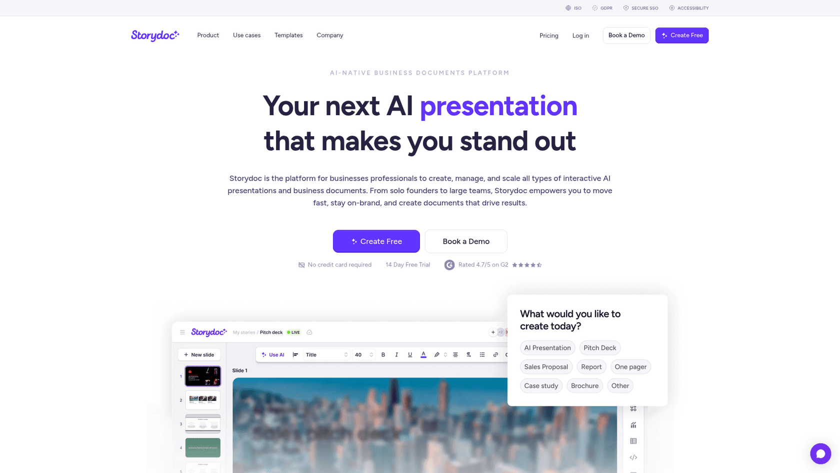 The Storydoc landing page, an interactive platform that explains how to create AI whitepapers as web-based experiences.