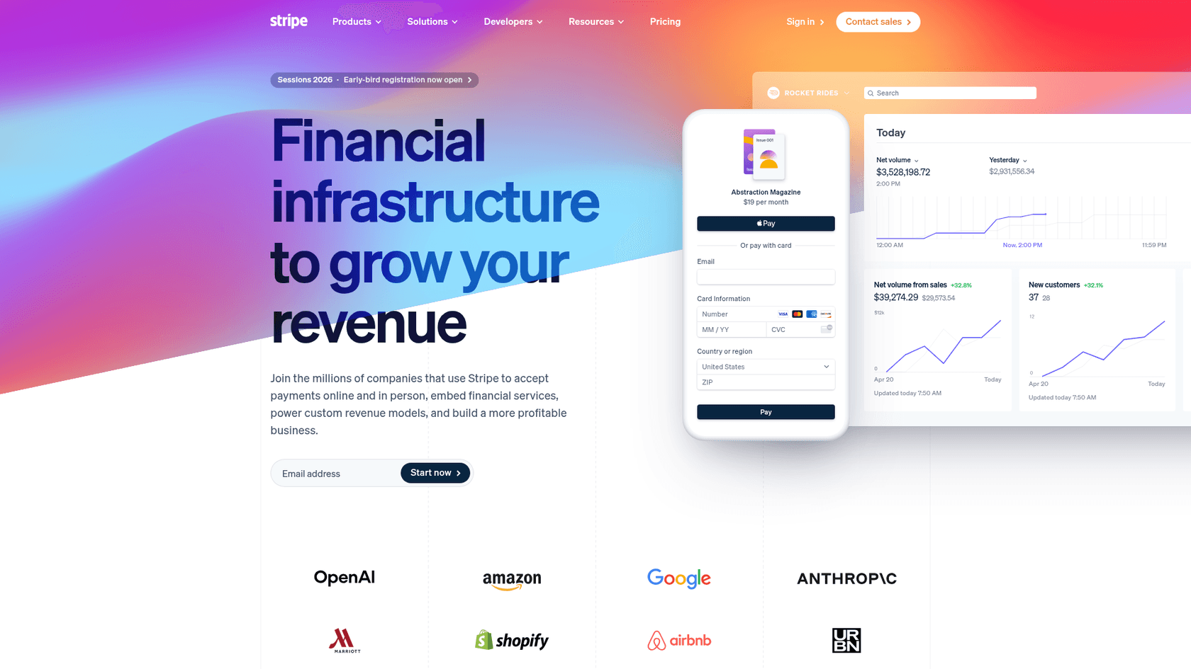Une capture d'écran de la page d'accueil de Stripe, une plateforme de paiement souvent présentée dans des exemples d'articles de blog d'études de cas.