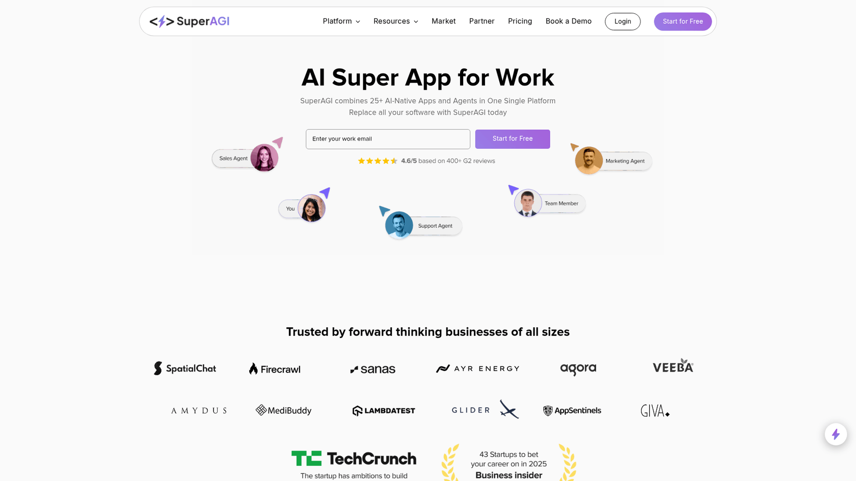 A screenshot of the SuperAGI homepage, a direct open-source competitor among OpenClaw AI alternatives.