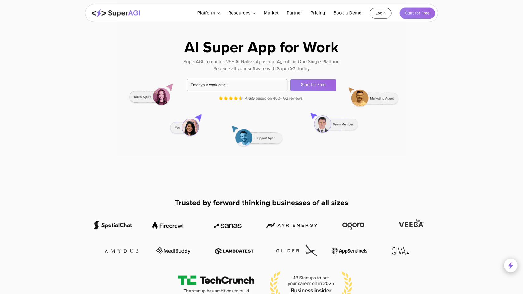 Ein Screenshot der SuperAGI-Homepage, ein direkter Open-Source-Konkurrent unter den OpenClaw AI-Alternativen.