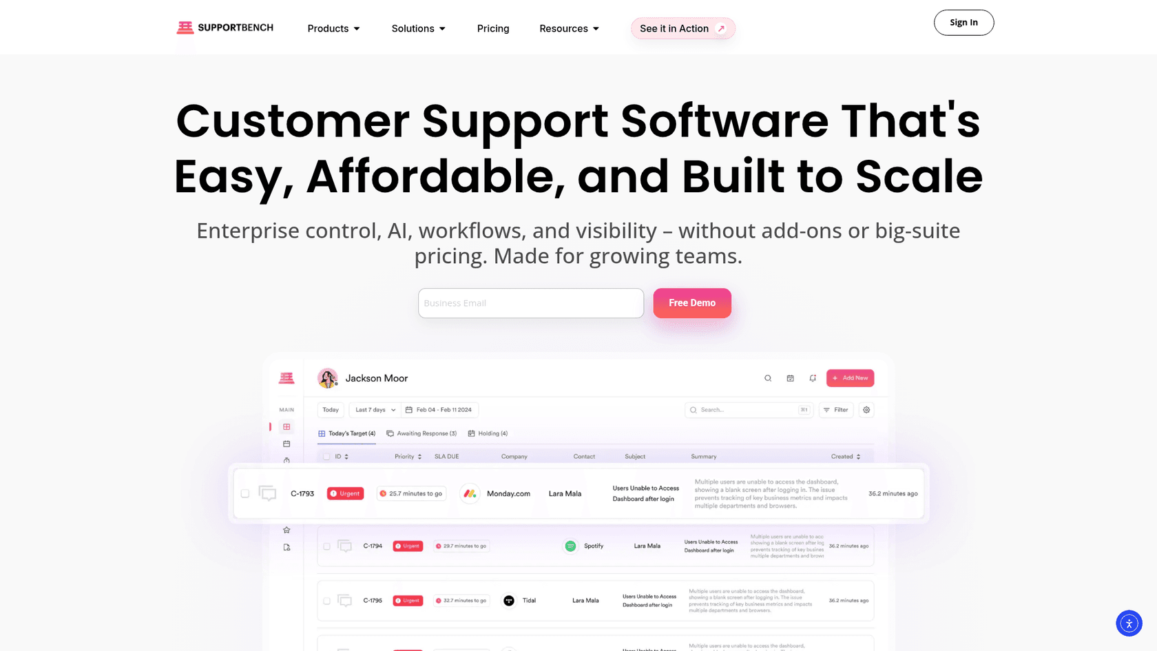 Supportbench B2B customer support platform homepage
