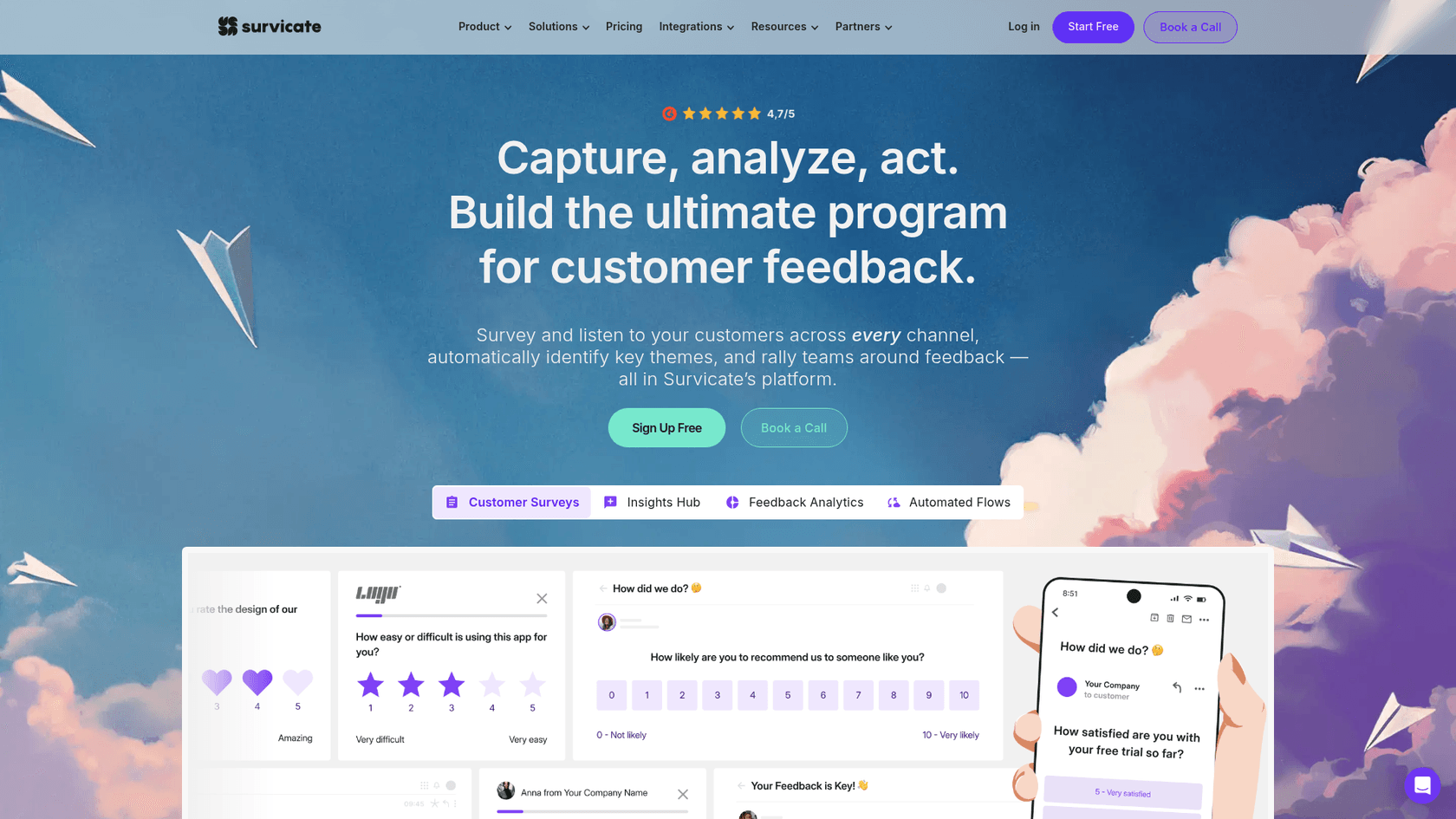 Survicateのランディングページのスクリーンショット。