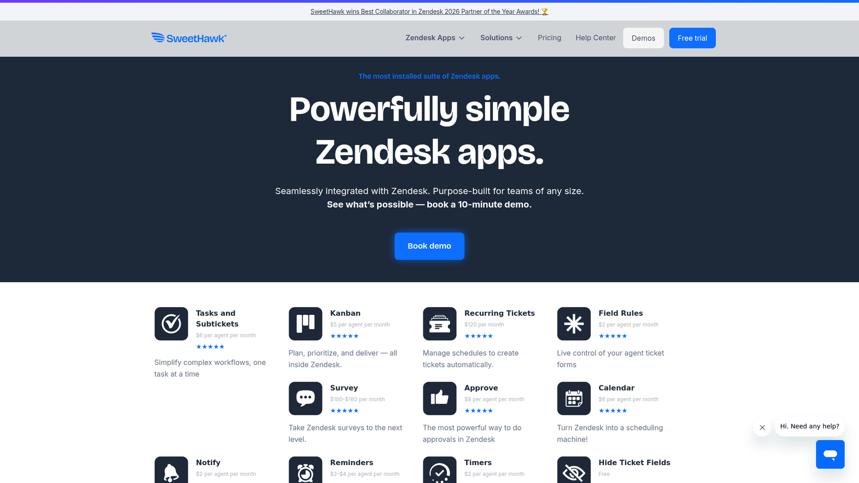 Uma captura de tela da página inicial do SweetHawk.