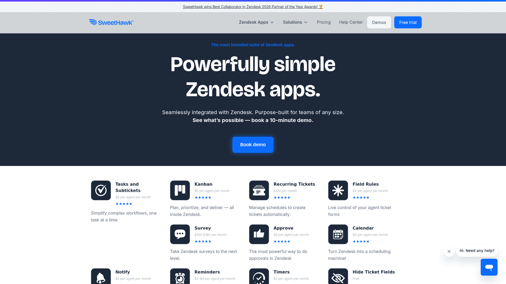 A screenshot of SweetHawk's landing page.