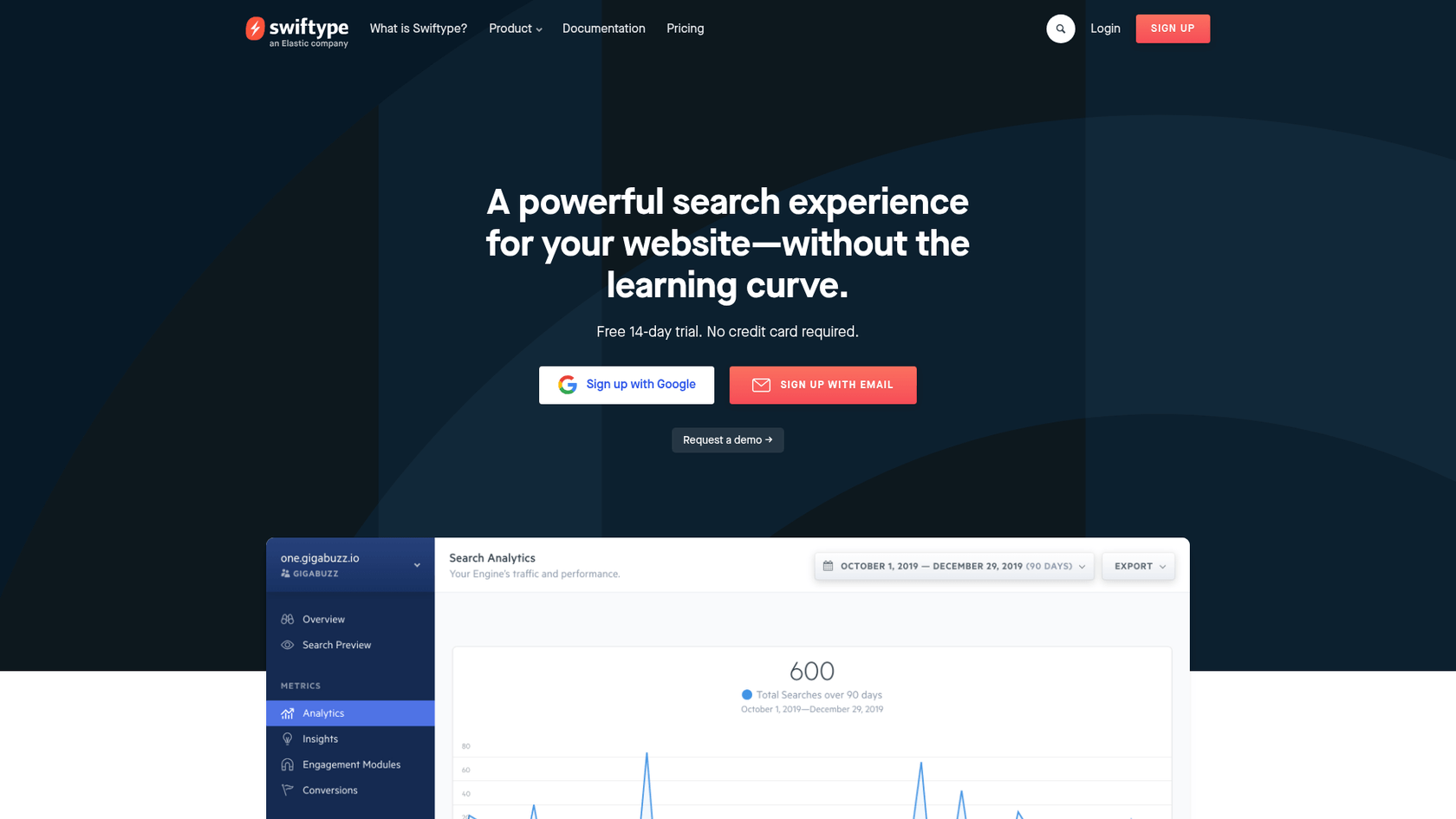 Une capture d’écran de la page d’accueil de Swiftype.
