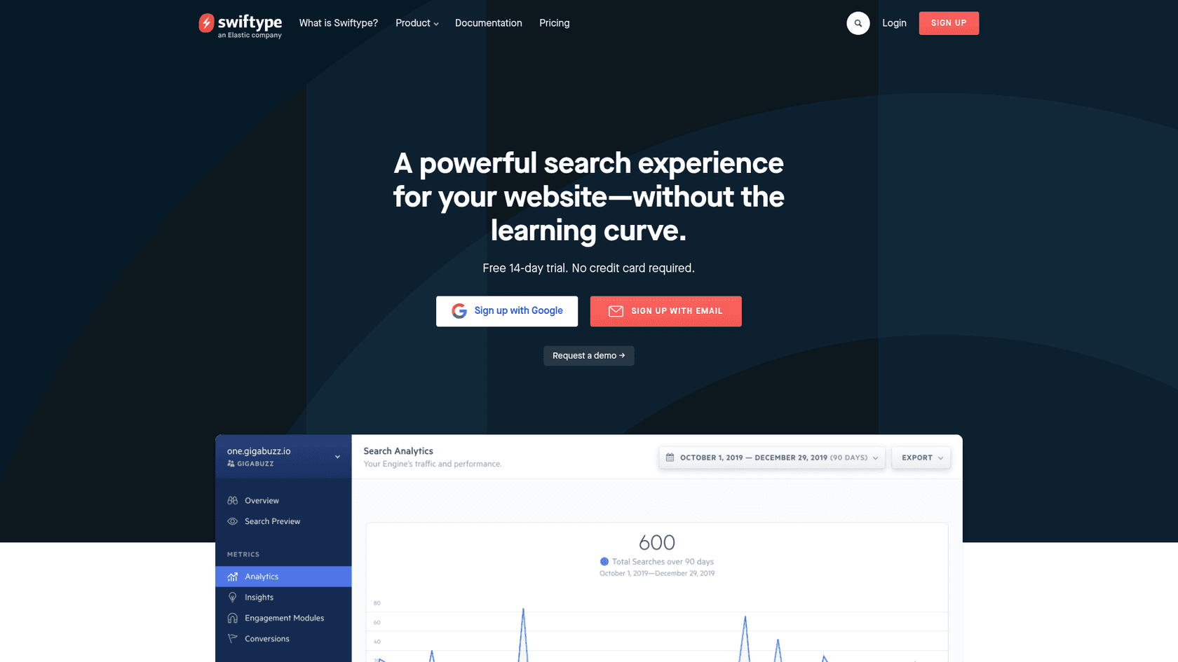 Une capture d’écran de la page d’accueil de Swiftype.