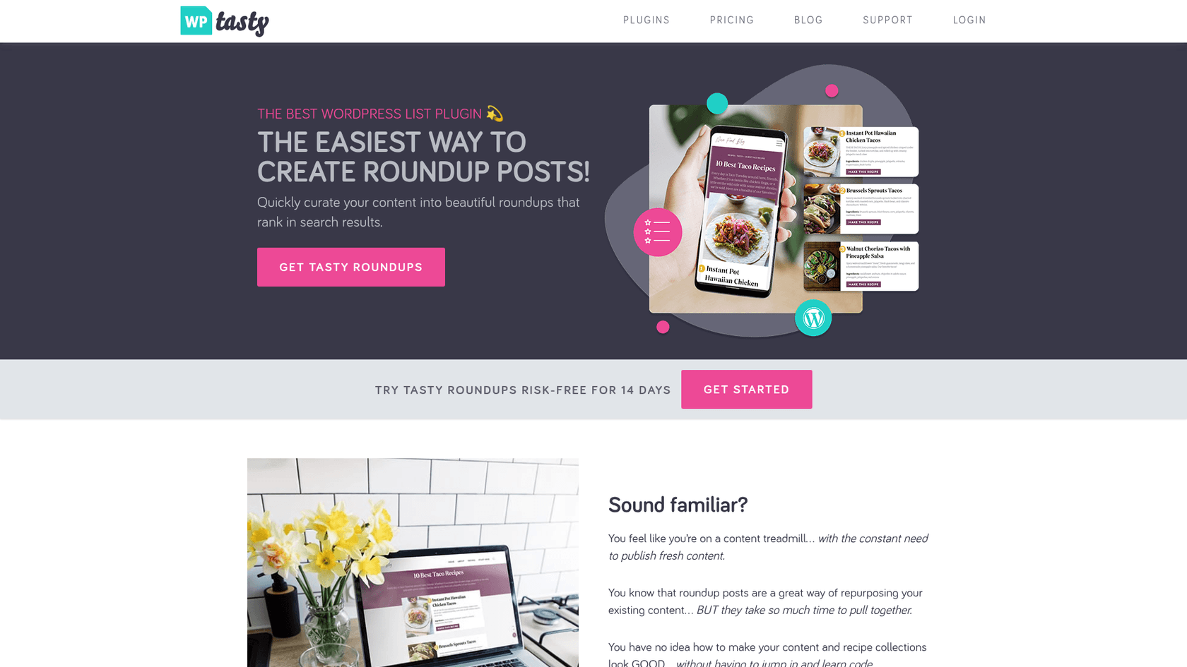 A screenshot of the Tasty Roundups landing page, a WordPress plugin useful for roundup blog writing.