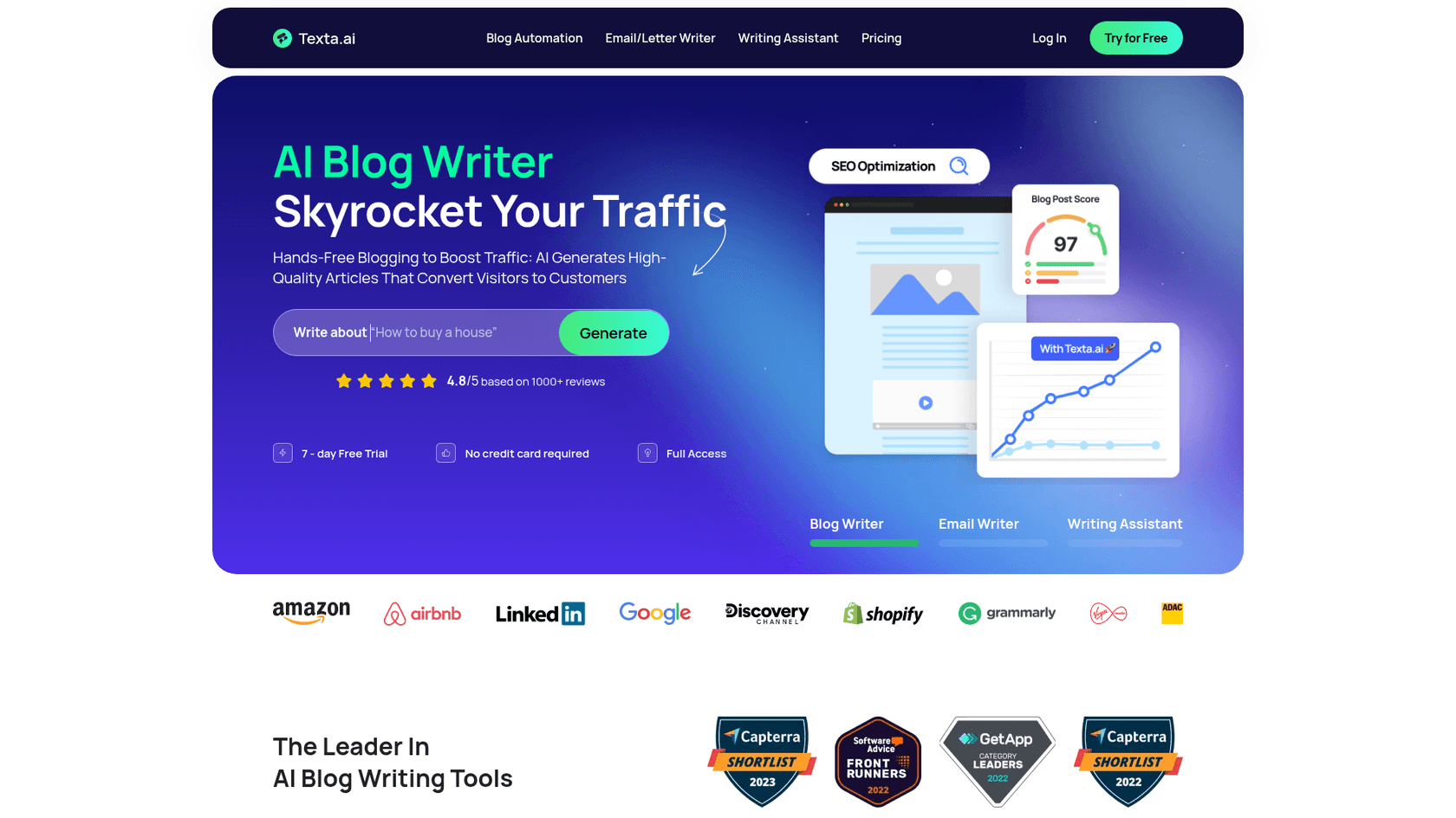 La page d'accueil de Texta.ai, offrant un aperçu de ses fonctionnalités et un point de départ pour comprendre les tarifs de Texta.ai.