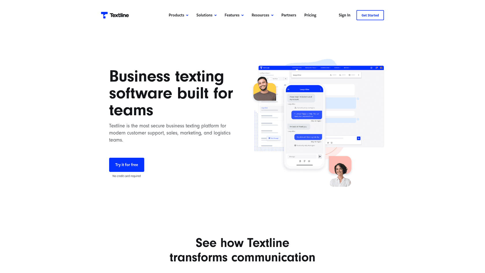 Textline landing page presenting business texting solutions for customer support teams.