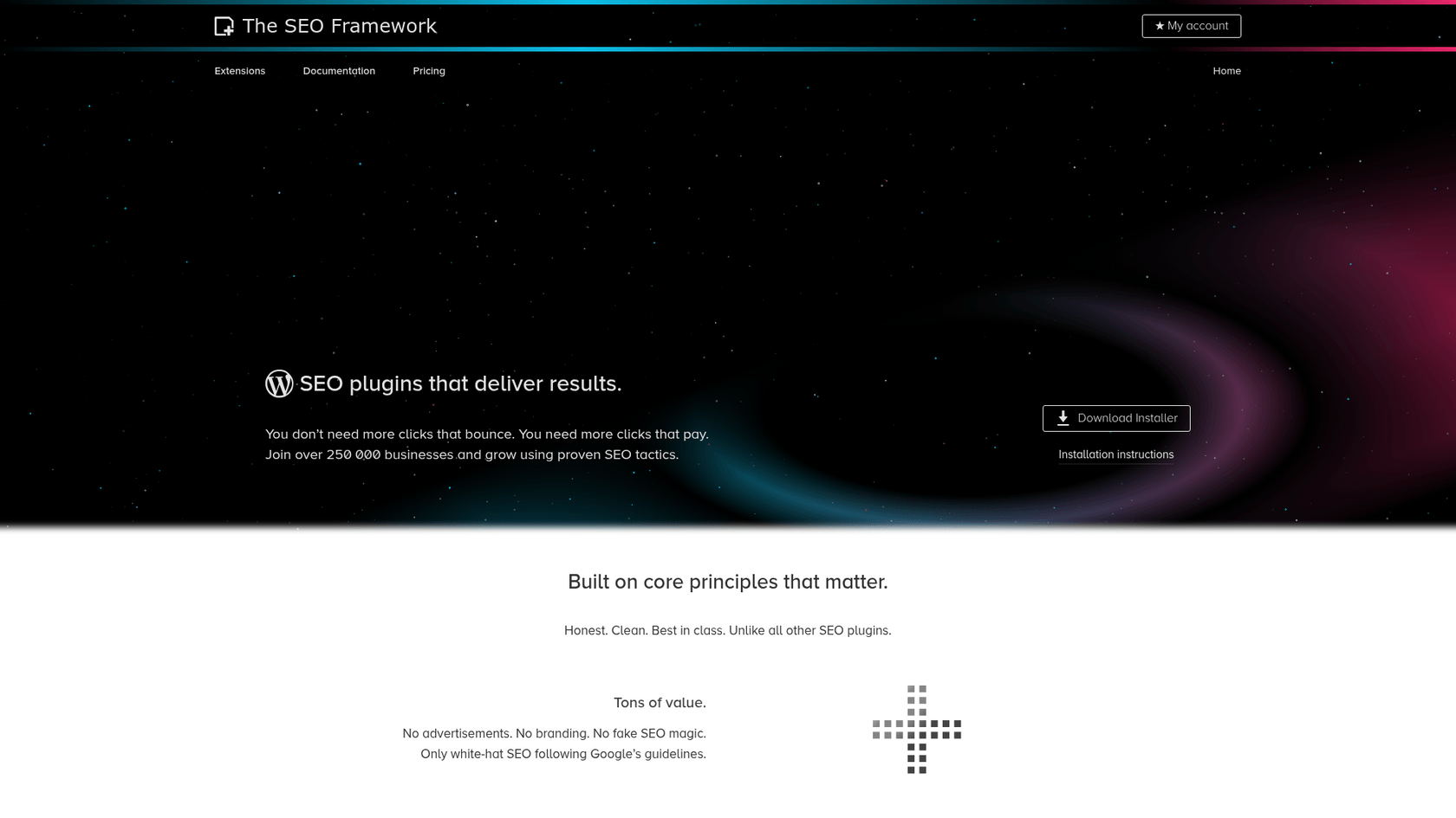 A screenshot of The SEO Framework homepage, a lightweight alternative in the Yoast vs AIOSEO discussion.