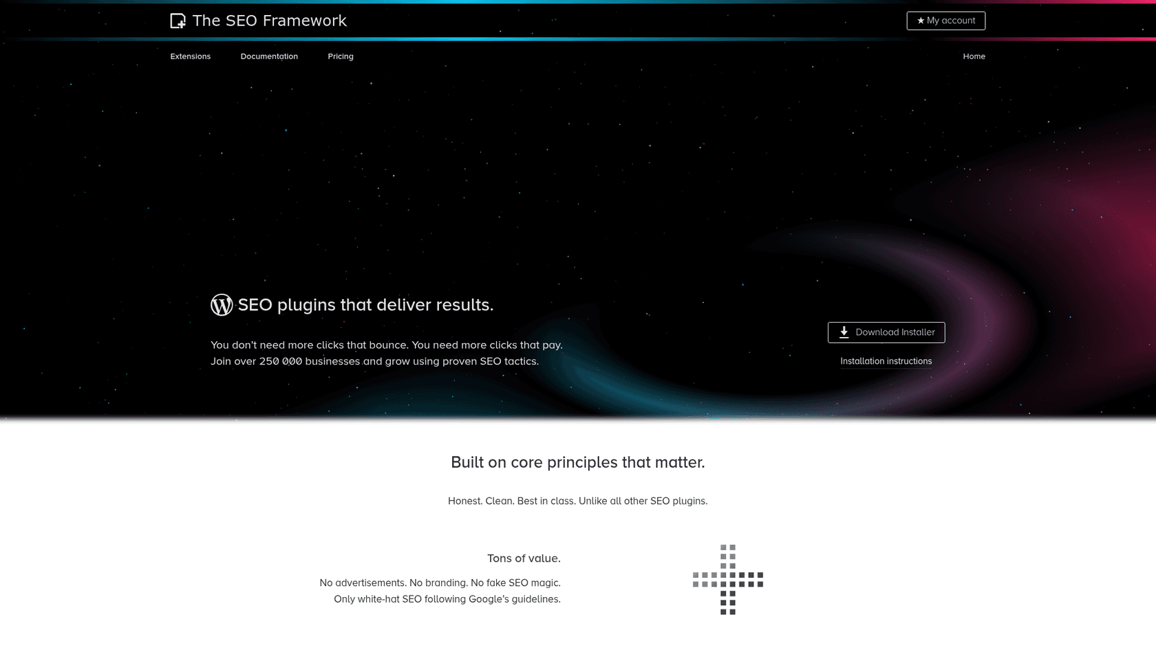 A screenshot of The SEO Framework homepage, a lightweight alternative in the Yoast vs AIOSEO discussion.