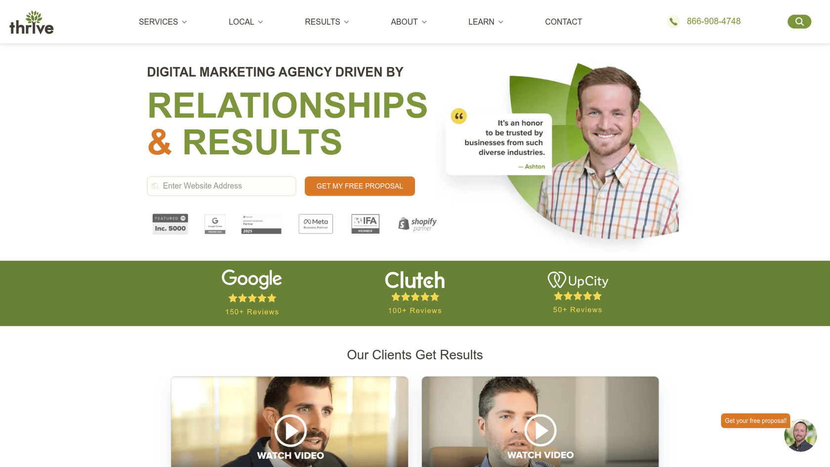 Uma captura de tela da página inicial da Thrive Internet Marketing Agency, uma provedora de serviços de SEO com IA focada em desempenho.