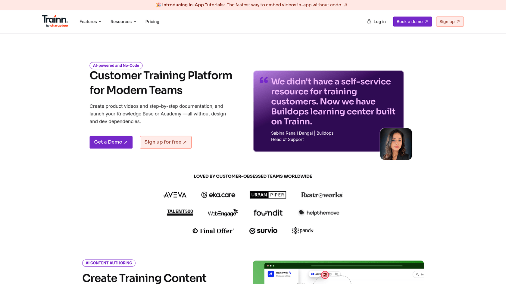 A screenshot of the Trainn website's main landing page, a tool used for how to create AI how-to guides.