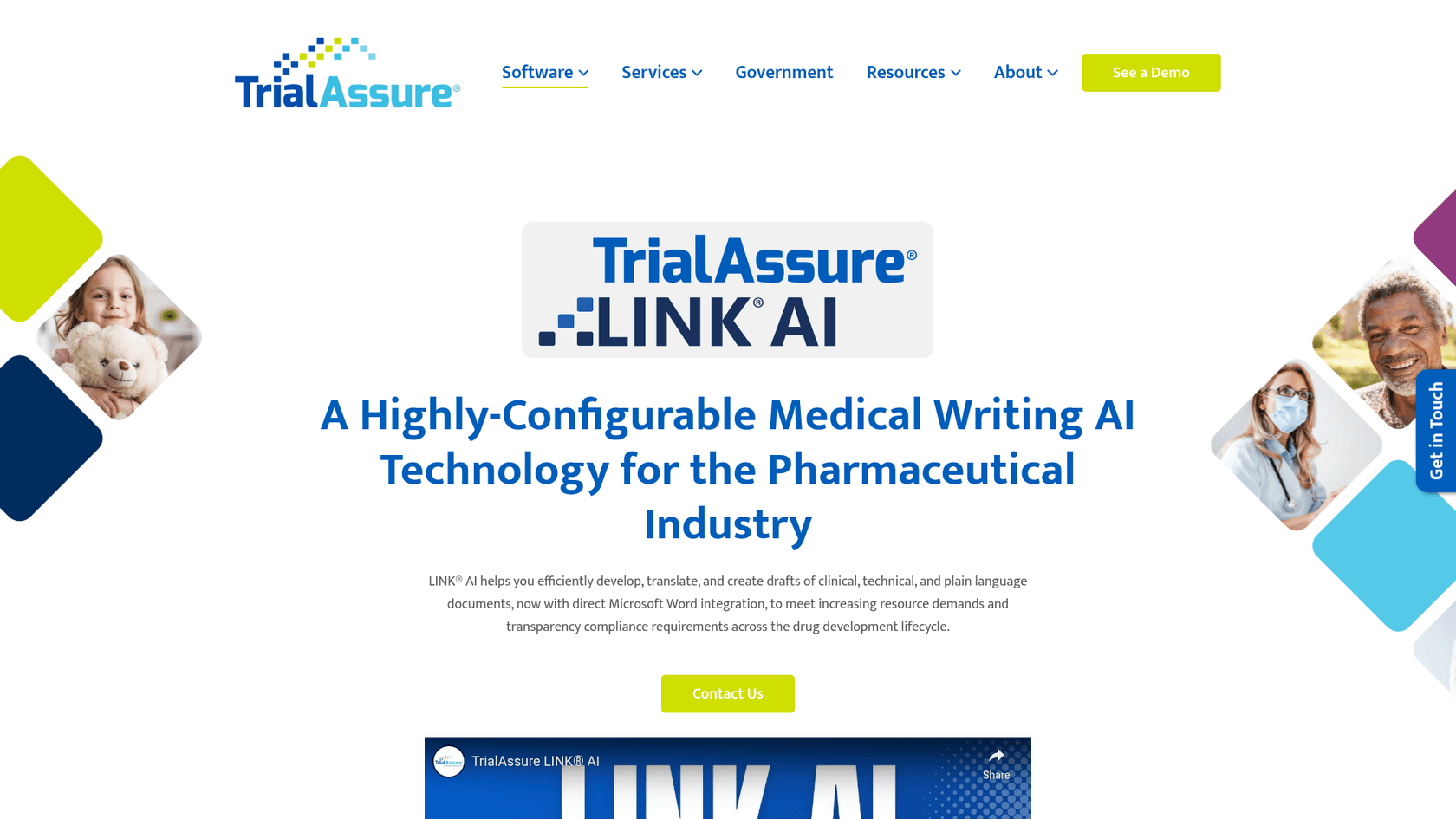 A screenshot of the TrialAssure LINK AI product page, a specialized AI blog writer for health tech regulatory documents.