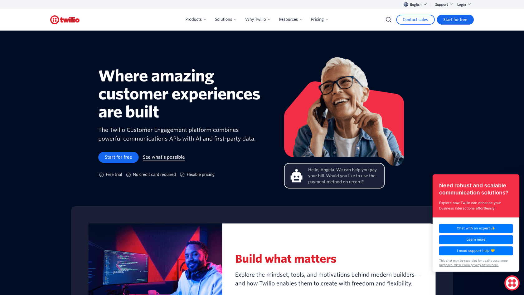 Twilio landing page showcasing cloud communications platform and messaging services.