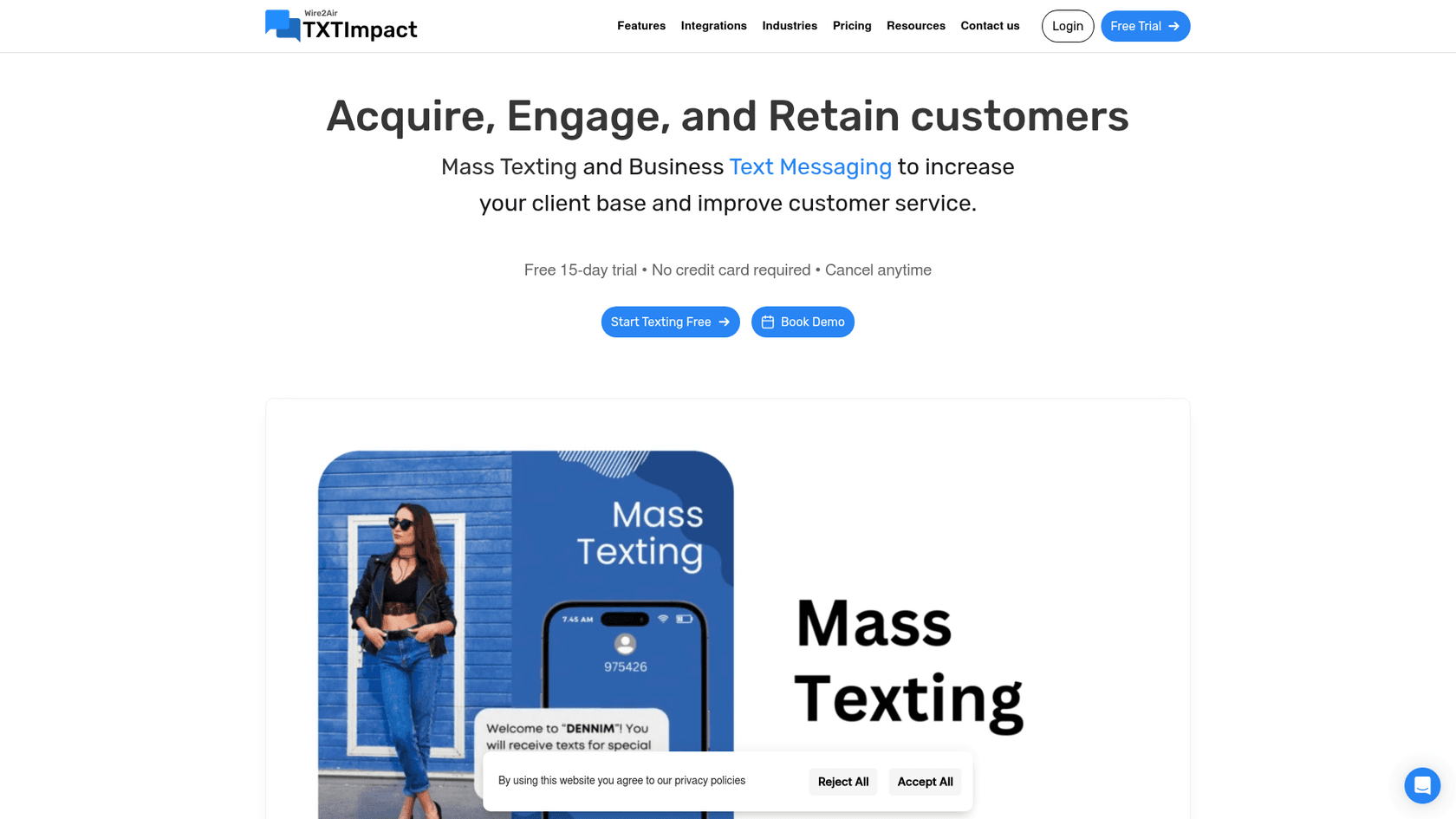 TxtImpact landing page featuring SMS campaign tools and marketing messaging solutions.