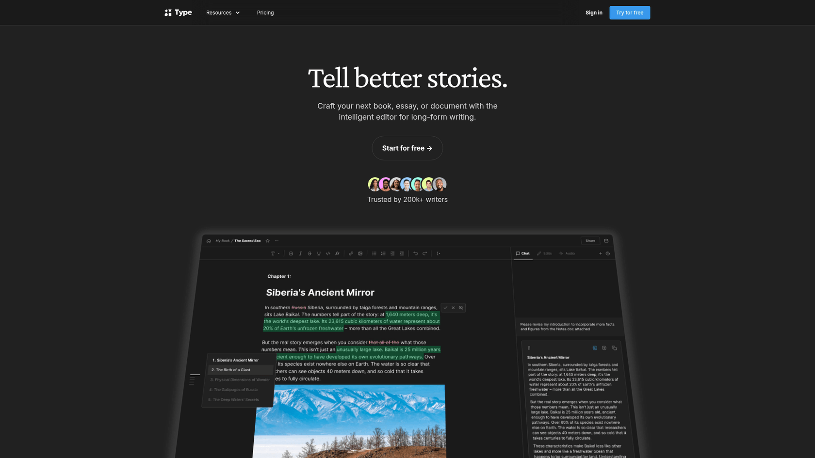 A screenshot of the Type.ai homepage, a content writer AI free tool that functions as an AI-assisted document editor for long-form projects.