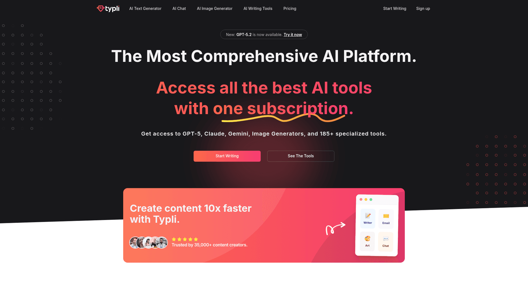 Une capture d'écran de la page d'accueil de Typli.ai, montrant les fonctionnalités de leur outil de génération de texte par IA.