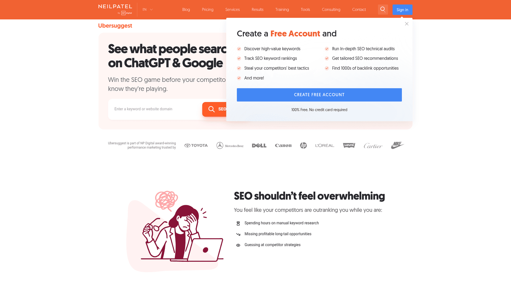 A screenshot of the Ubersuggest homepage, one of the top affordable SEO tools for beginners.