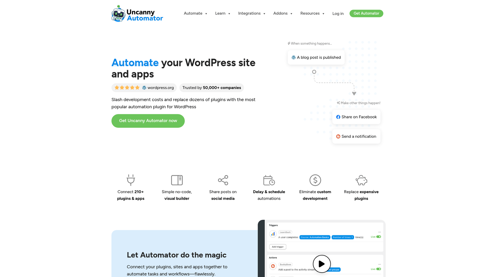 Uncanny Automatorのウェブサイトのスクリーンショット。カスタムAIブログライターのワークフローを作成するために使用できるツールです。