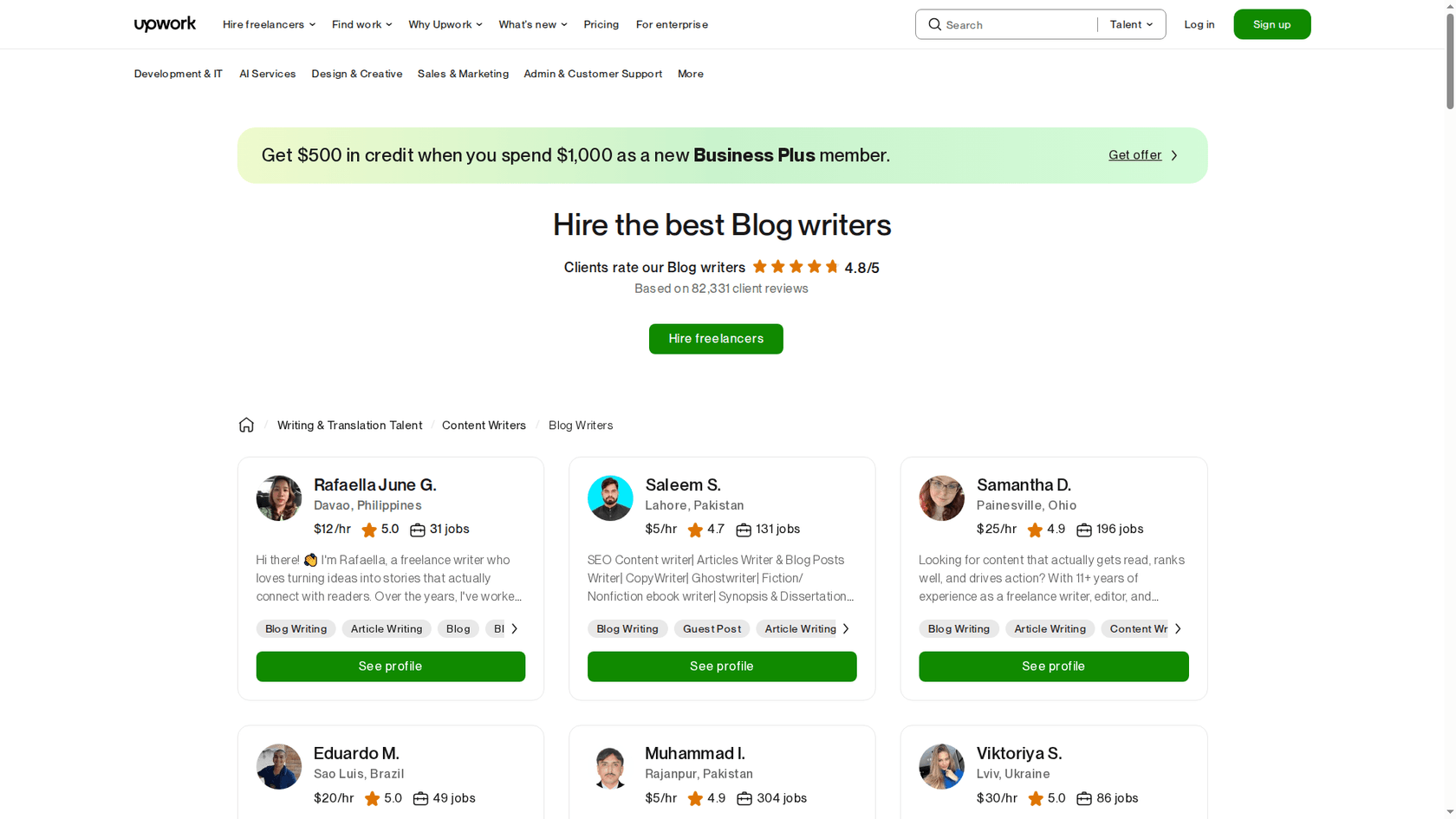 Ein Screenshot des Upwork-Freelancer-Marktplatzes, einer Plattform zur Beauftragung eines professionellen Blog-Autors.
