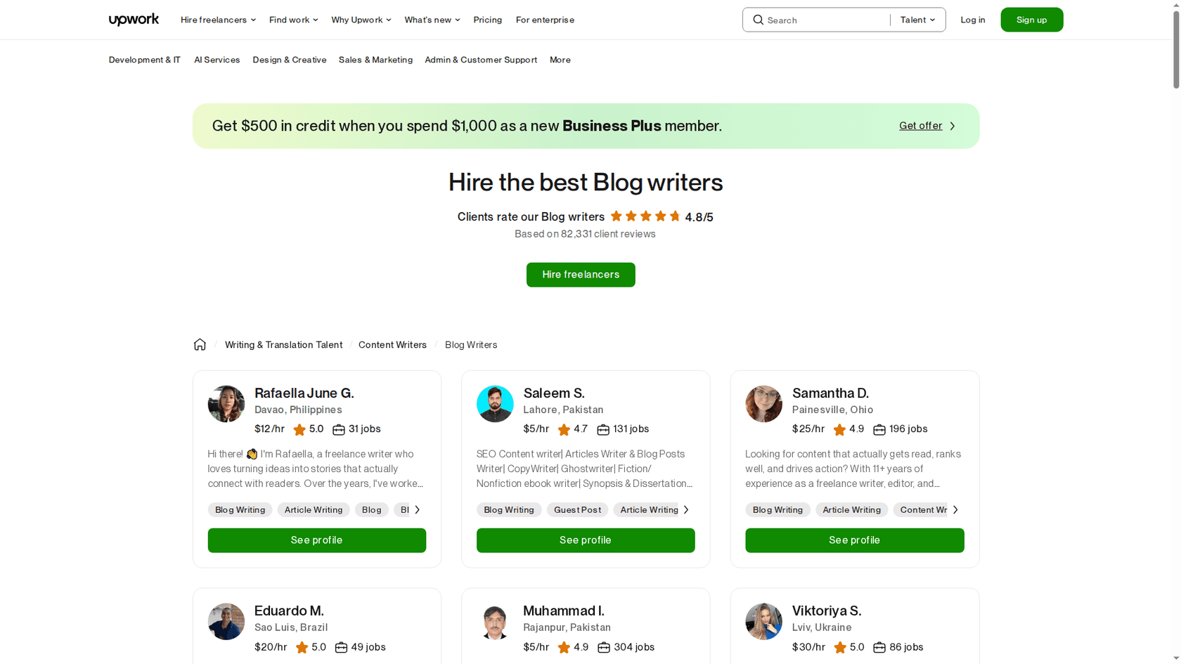 A screenshot of the Upwork freelance marketplace, a platform to hire a professional blog writer.