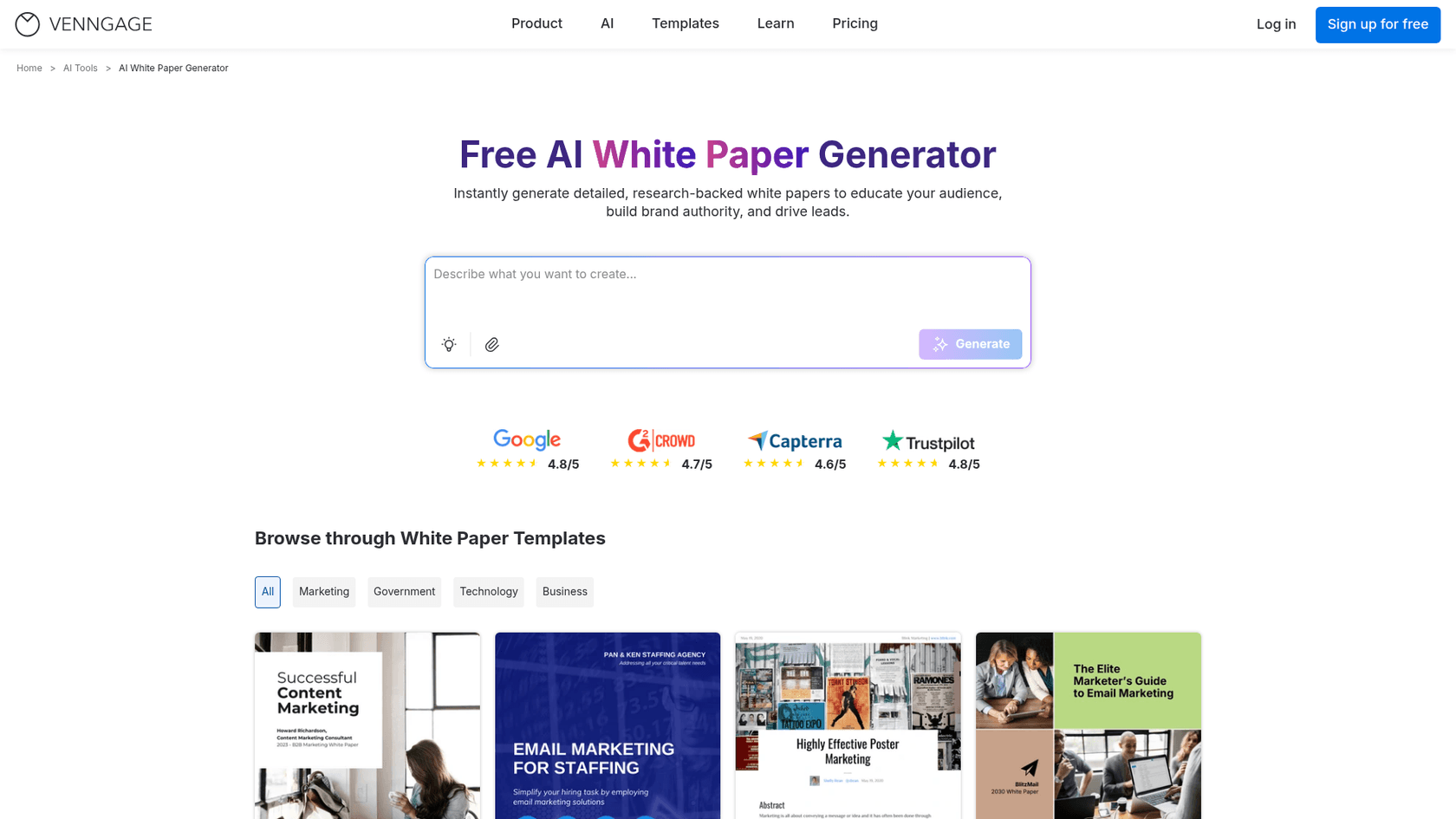 The Venngage website homepage, a tool that helps with how to create AI whitepapers with a focus on professional design.