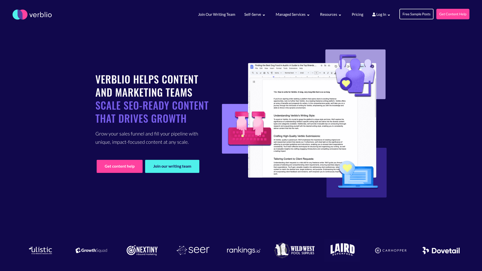 A screenshot of the Verblio homepage, a blog writing service that offers custom teams of writers with specialized credentials.