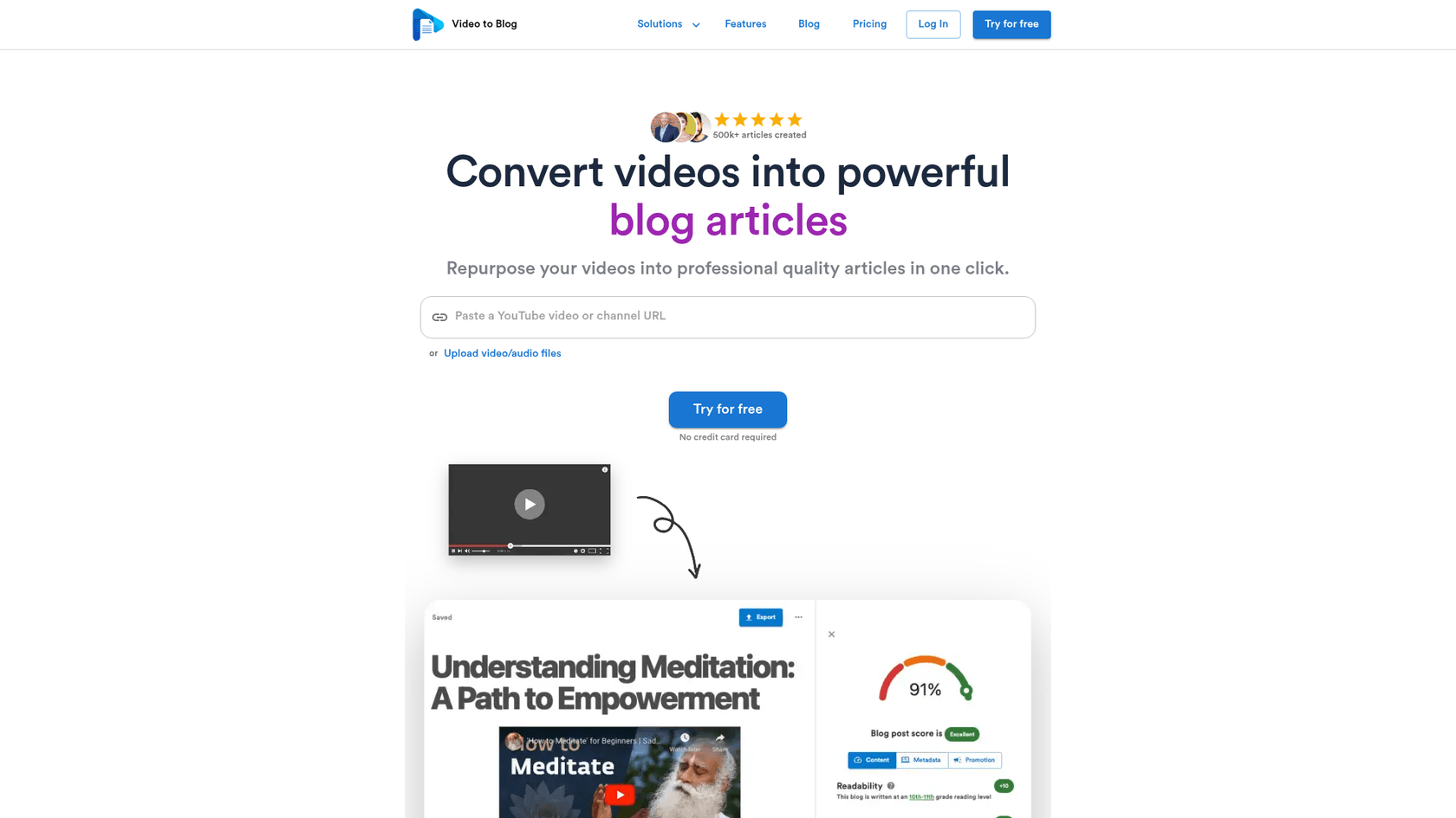 Una captura de pantalla de la página de inicio de Video To Blog, una herramienta para convertir videos en publicaciones de blog con IA.