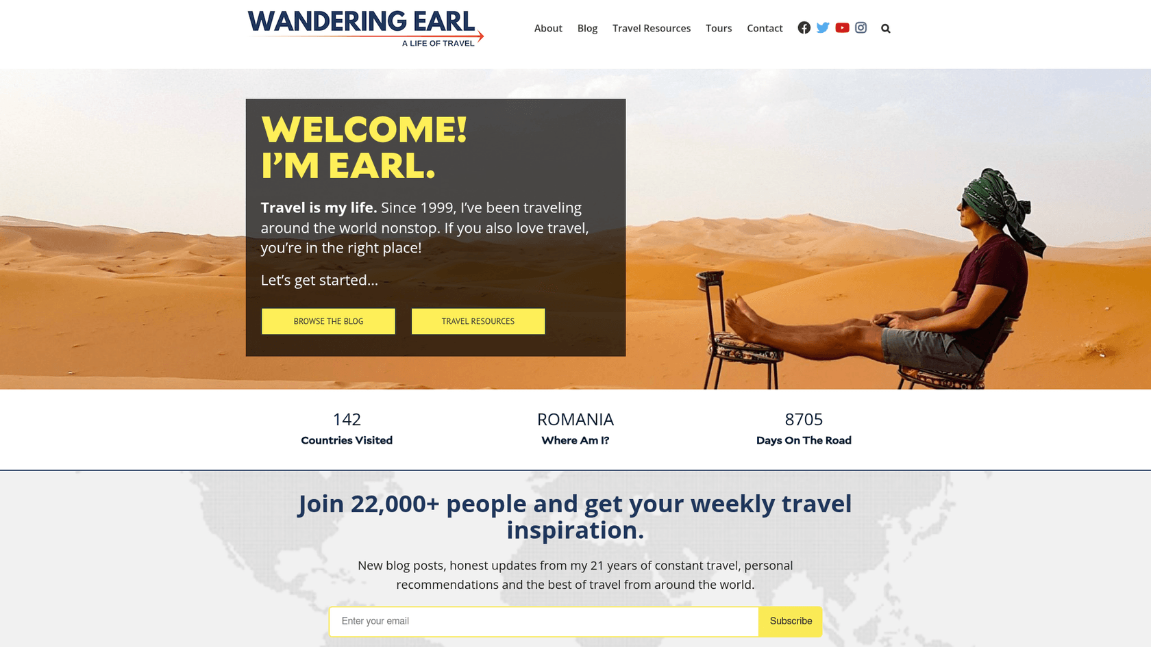 A screenshot of the Wandering Earl homepage, an example of personal journal style travel blog writing examples.