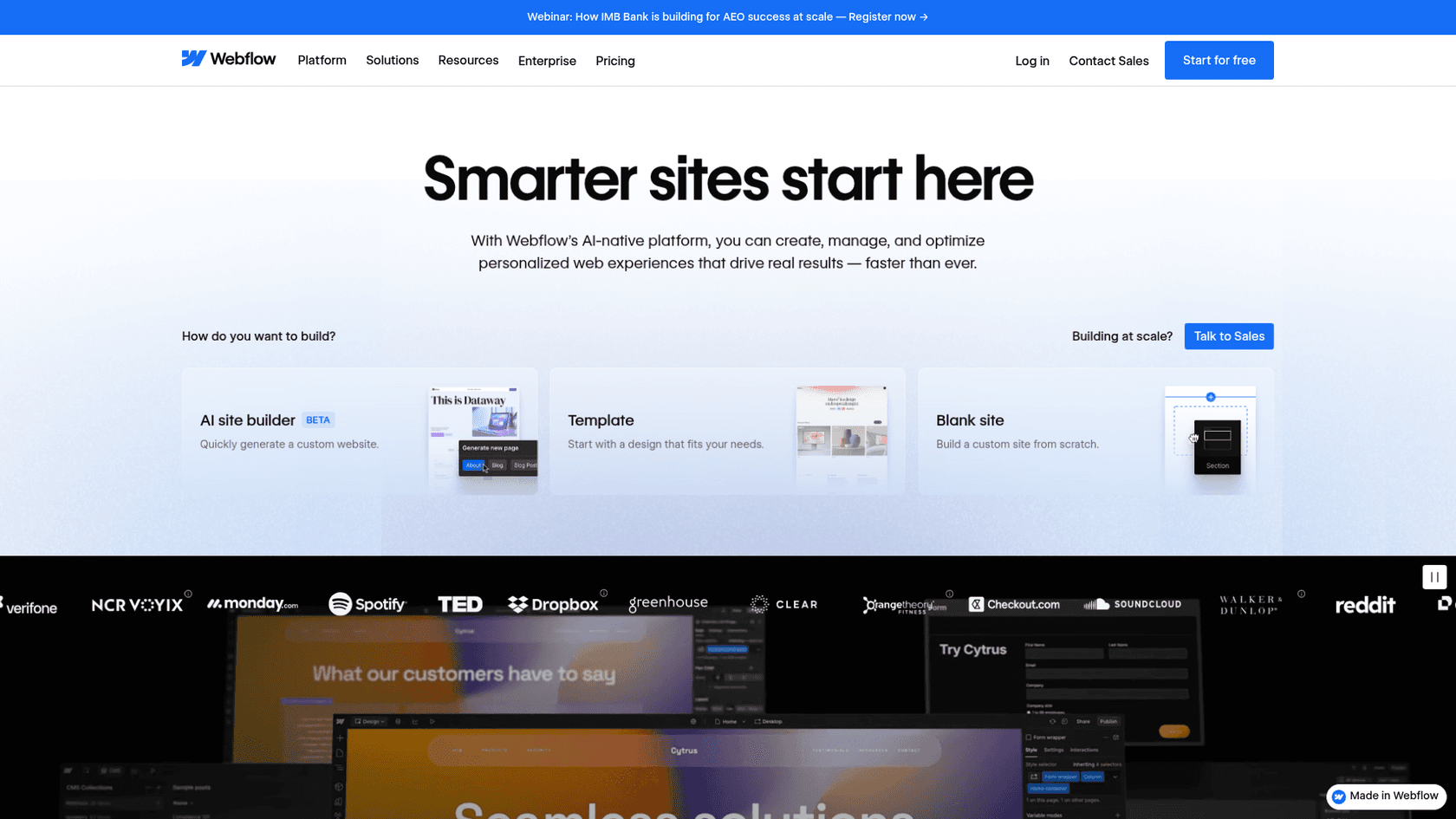 A screenshot of the Webflow landing page, a platform that requires specific steps for how to add images to blogs.